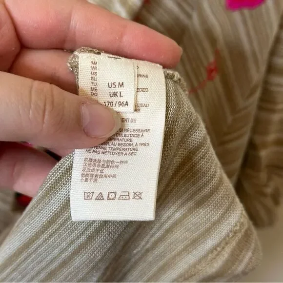 Free People Catalunya Tan White Striped Floral Embroidered Top Sz M Boho Preppy - Picture 7 of 8